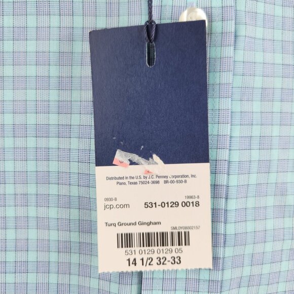 NWT Stafford Travel Button Up Shirt Green Blue Check 14.5 32/33 Regular Woven - Picture 15 of 16